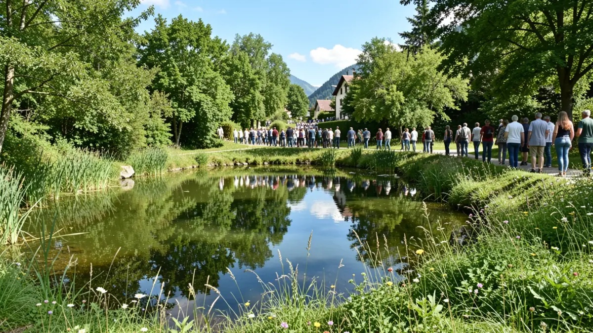 Image générique d'une mare naturelle entourée de végétation dans la région Auvergne-Rhône-Alpes.