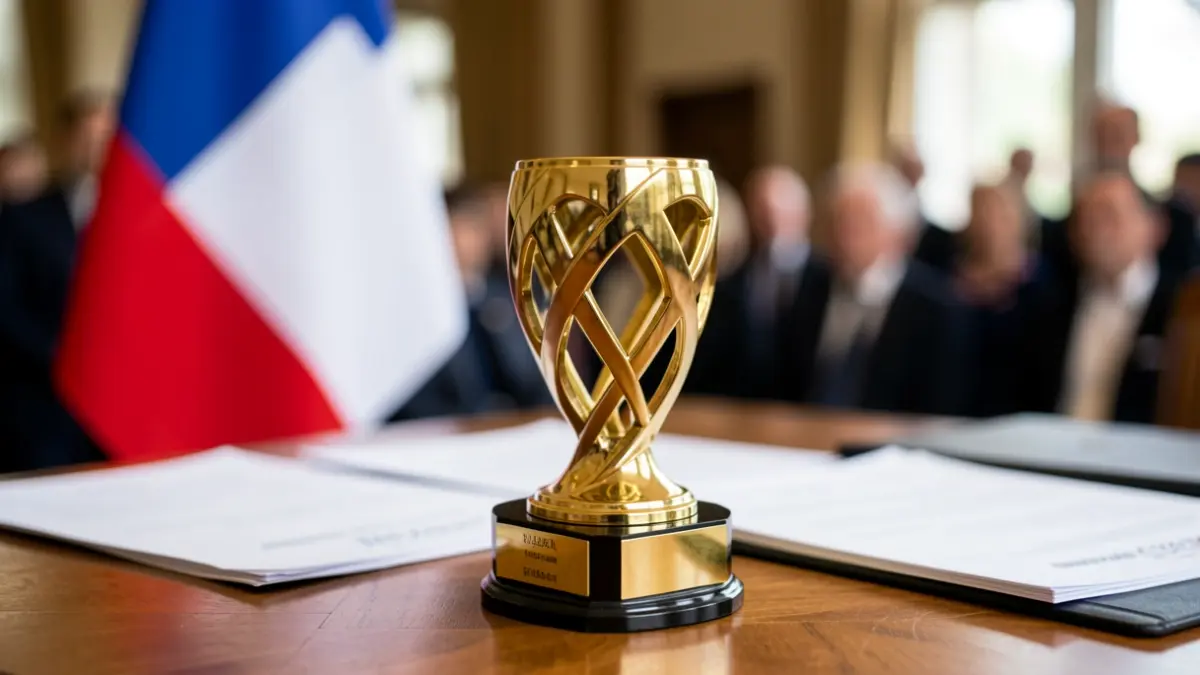 Generic image of a golden award trophy on a desk.