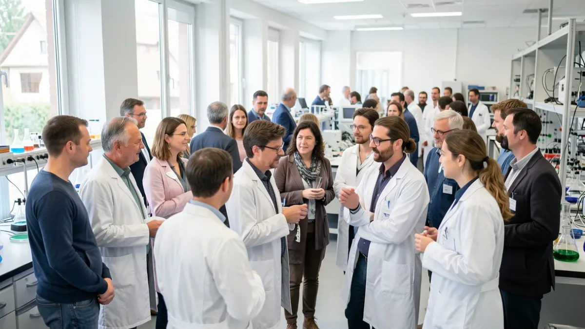 Generic image of scientists and the public interacting in a modern laboratory. Never use proper names. Never claim it shows the real thing.