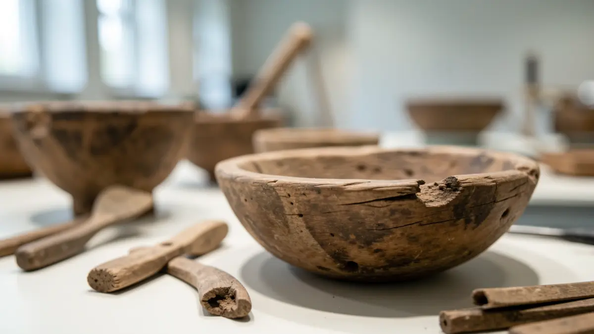 Ancient wooden archaeological artifacts, possibly bowls or tools, displayed in a museum setting with soft lighting.