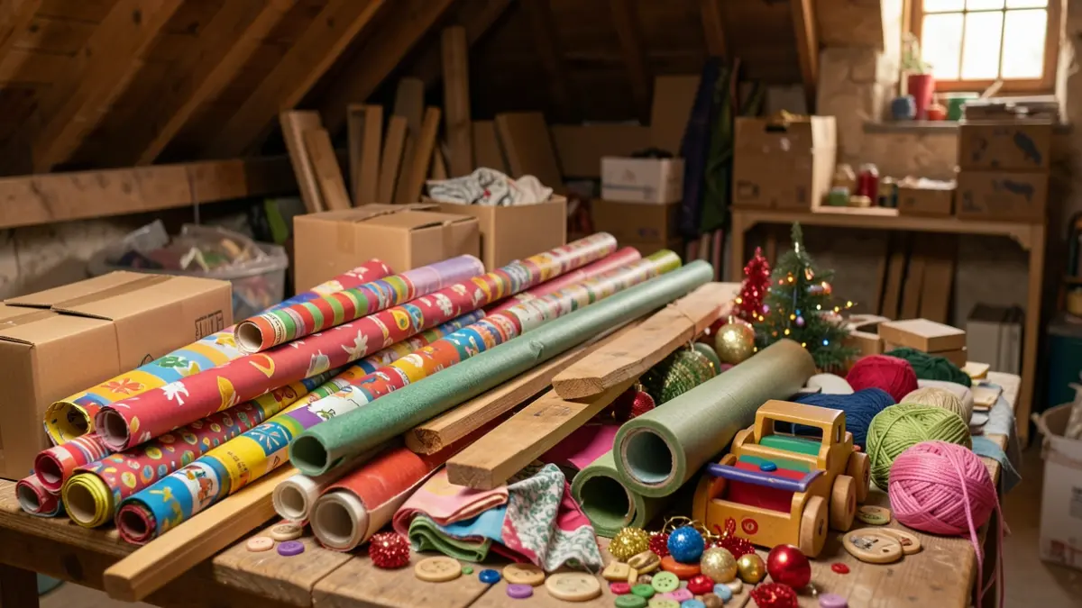 Generic image of various craft and decoration materials like wrapping paper, cardboard boxes, toys, fabric scraps, and Christmas decorations, piled up in a storage space.