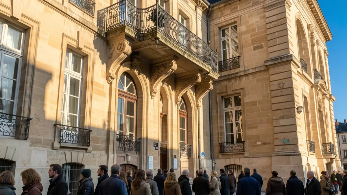 Generic image of a stone town hall facade with an ornate balcony, in the afternoon sun.