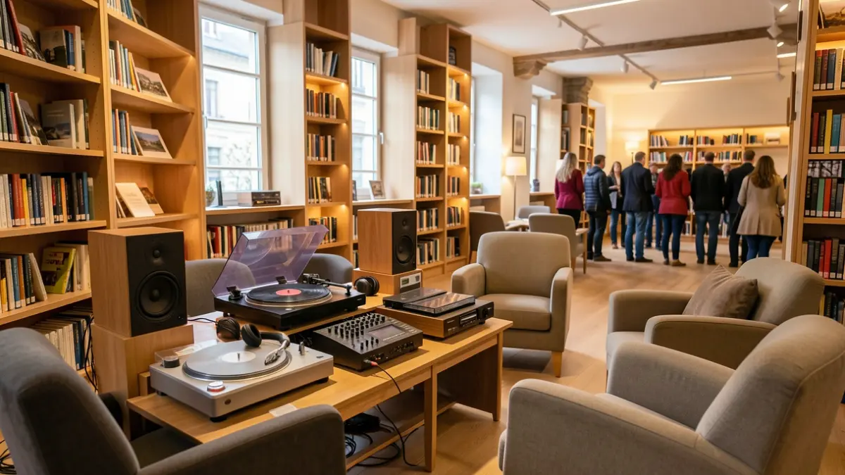 Image générique d'un espace d'écoute musicale dans une médiathèque, avec une platine vinyle, un lecteur CD et des casques.