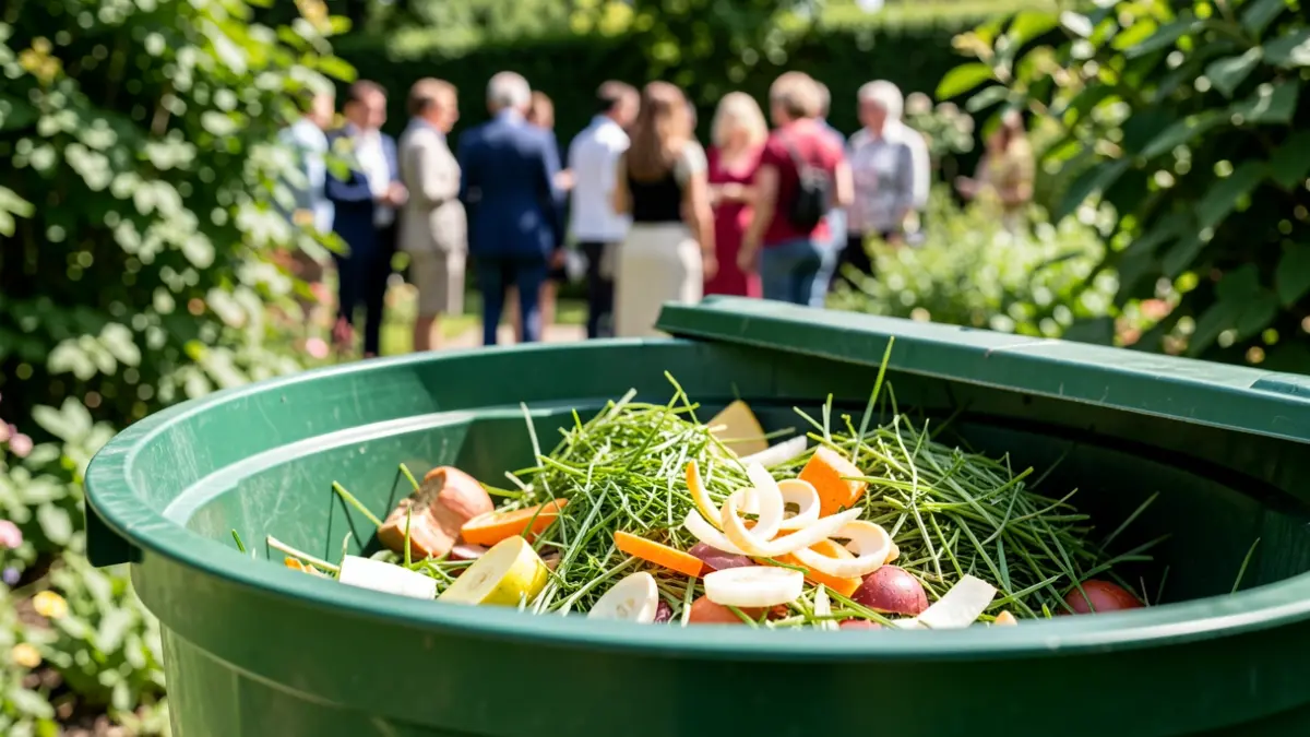 Generic image of an individual compost bin filled with organic waste in a sunny garden.