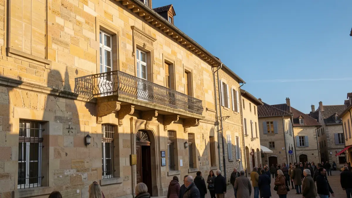 Image générique de la façade d'une mairie en pierre de style traditionnel de la région Auvergne-Rhône-Alpes, avec un balcon orné et des balustrades en fer forgé, baignée par la lumière chaude du soleil d'après-midi.