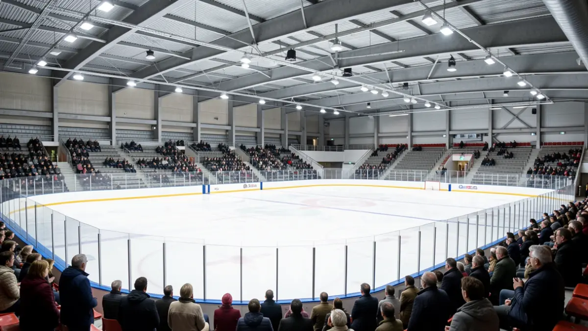 Generic image of a modern ice rink with two ice surfaces and empty spectator stands.