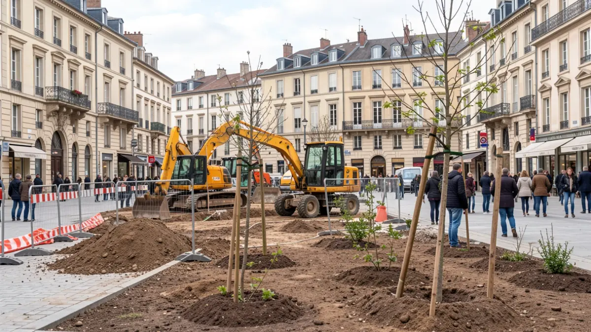 Generic image of a construction site on a public square undergoing development, featuring construction elements and plantings.