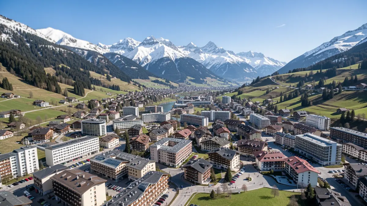 Aerial view of La Plagne Tarentaise, a French Alpine town with snow-capped mountains.