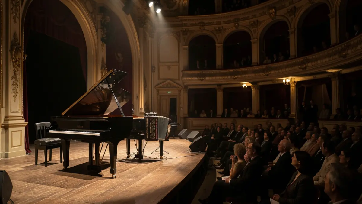 Generic image of an empty concert stage with a piano and an accordion.