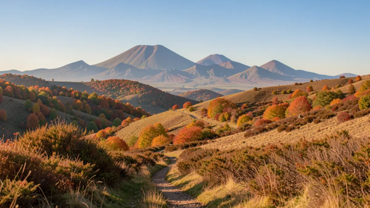 Autumn landscape of the Chaîne des Puys in Auvergne-Rhône-Alpes, with hills covered in colorful foliage and a hiking trail.