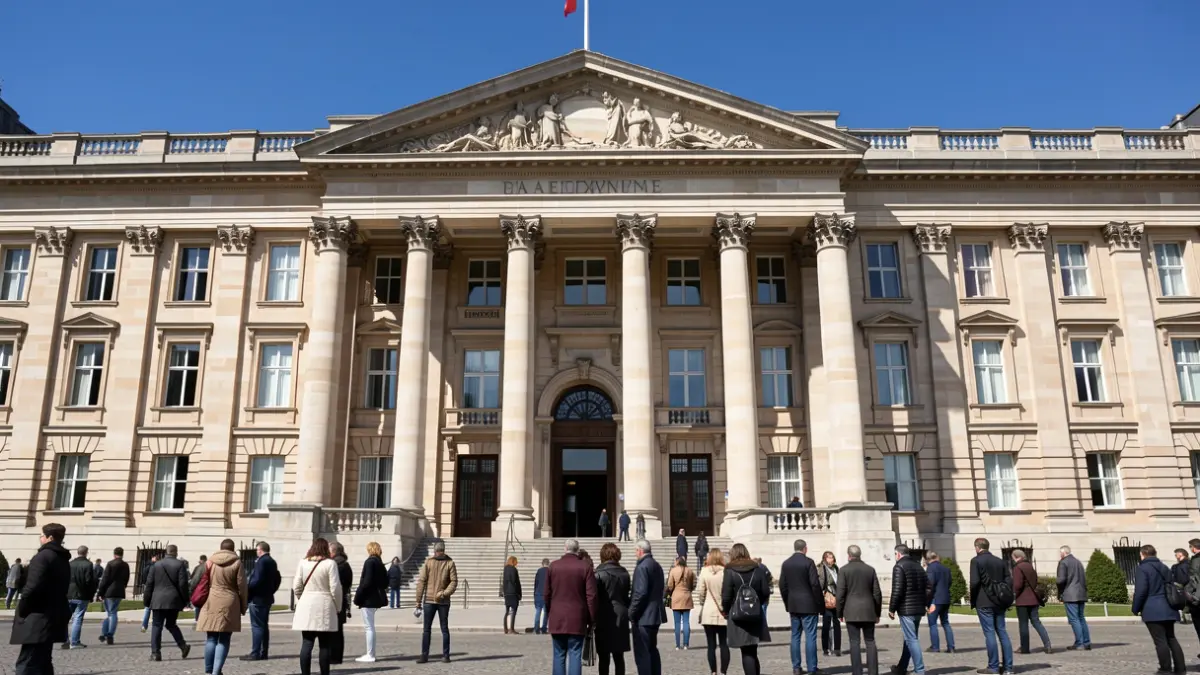 Image générique d'une façade de bâtiment gouvernemental avec des colonnes et une grande entrée, sous un ciel bleu clair.