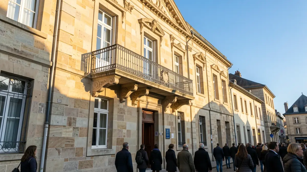 Generic image of a stone town hall facade in the Auvergne-Rhône-Alpes region, with an ornate balcony and iron railings, in the warm afternoon sun.