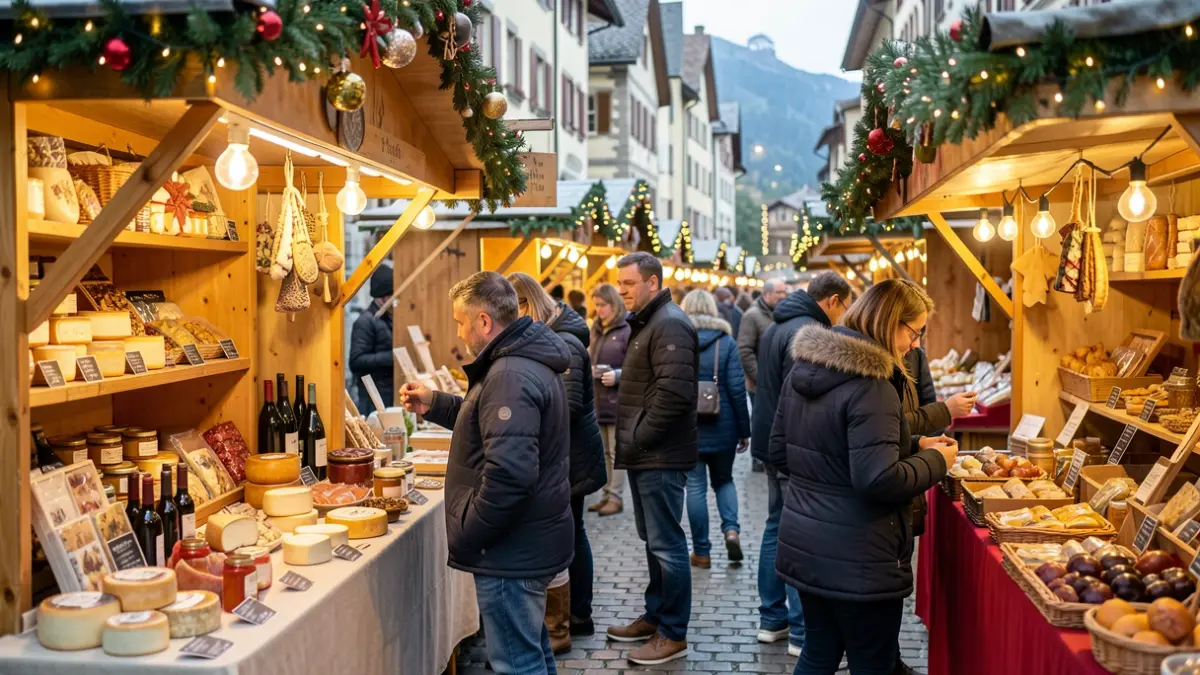 Christmas market in Chambéry showcasing local crafts and produce.