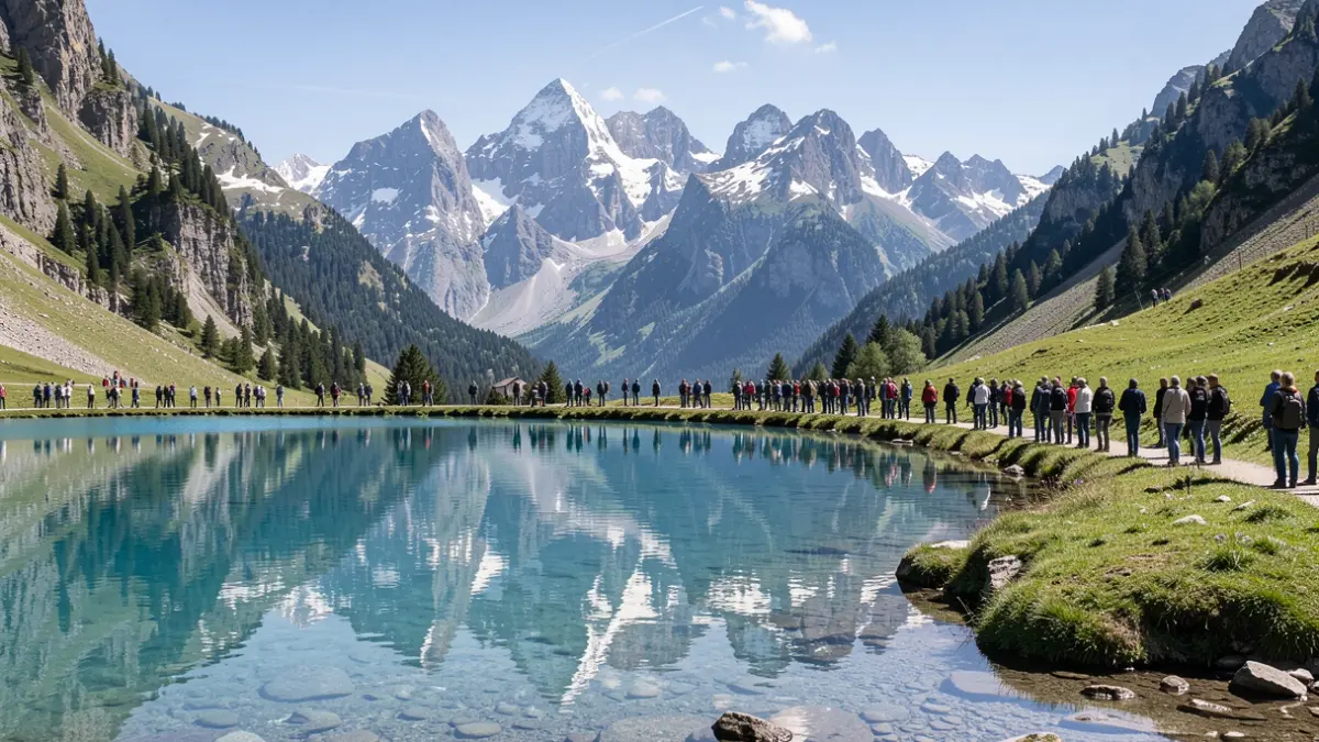 Generic image of snow-capped mountains reflecting in a clear lake under bright sunshine.