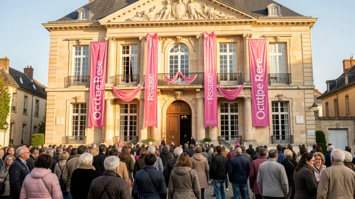 Façade de la mairie de La Talaudière décorée pour Octobre Rose.