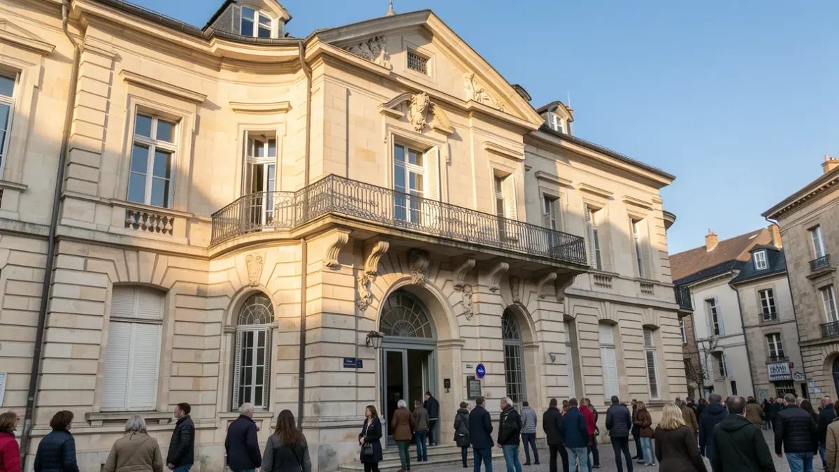Generic image of a light-colored stone French town hall facade with a balcony and iron railings, in the afternoon sun.