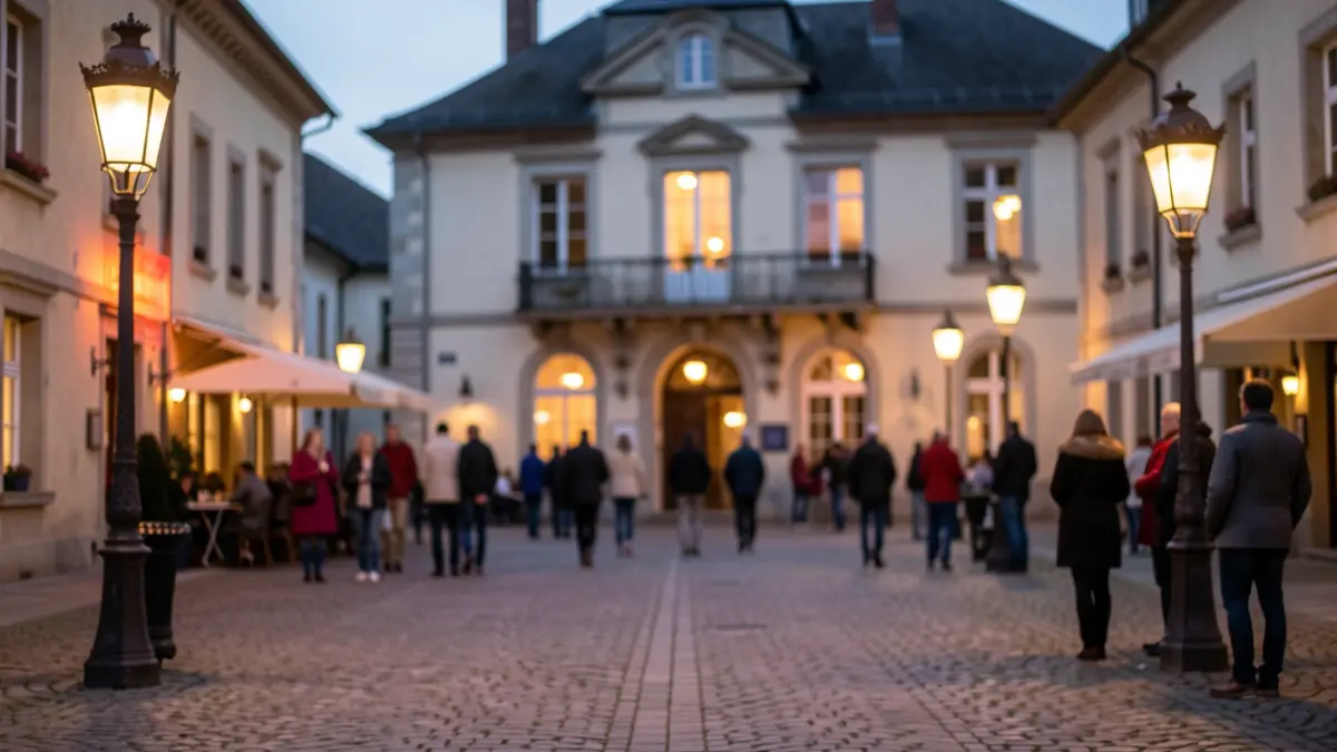 Generic image of a village square with warm lighting and a town hall facade.