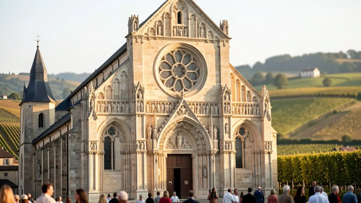 Generic image of a historic Romanesque abbey facade in the Beaujolais region, with ornate stone carvings and a large rose window, bathed in warm afternoon sunlight, with a blurred background of vineyards.