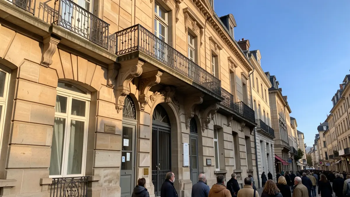 Generic image of a stone town hall facade with an ornate balcony and iron railings, under afternoon sunlight.