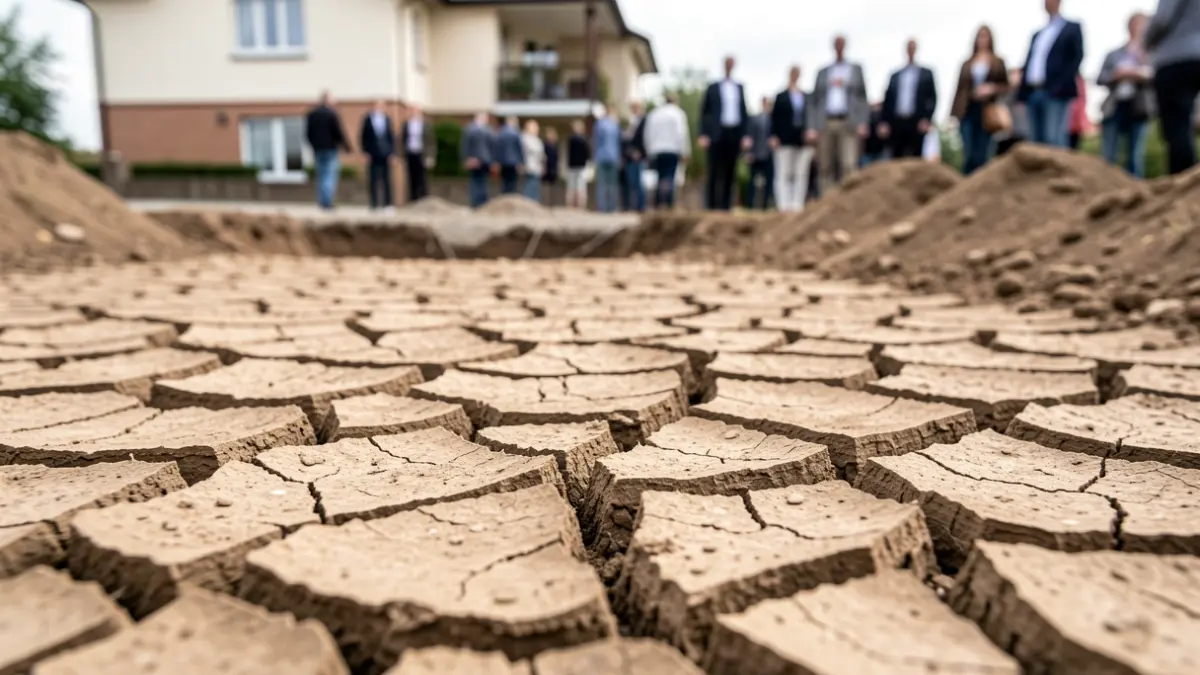 Generic image of cracked dry earth, symbolizing drought and soil movement. In the background, a blurred individual house foundation.