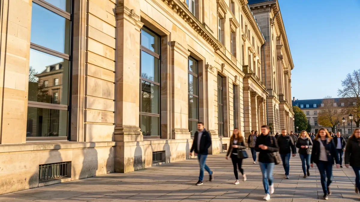 Generic image of a stone university building facade with large windows, under a clear blue sky. In the foreground, a few blurred students walk on a paved path.