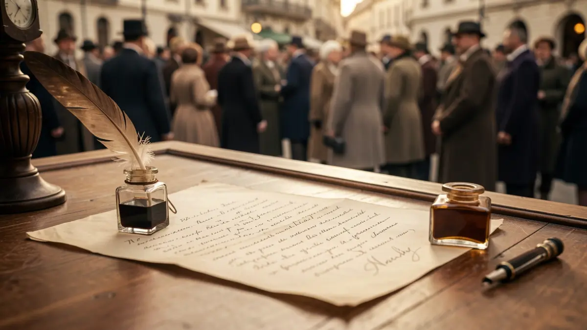 Close-up of an old photograph showing a handwritten letter, with quill pen and inkwell on a wooden desk. Soft, warm lighting, shallow depth of field.