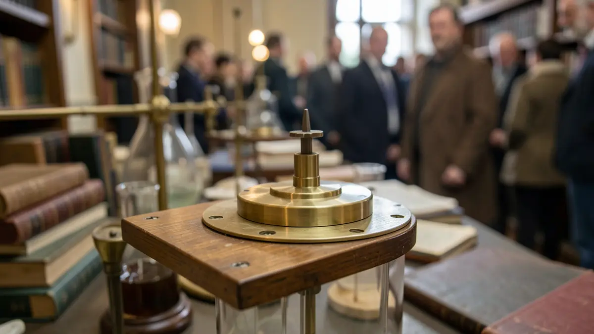 Generic image of an antique scientific instrument made of brass, wood, and glass, featuring a metal point and a flat surface.