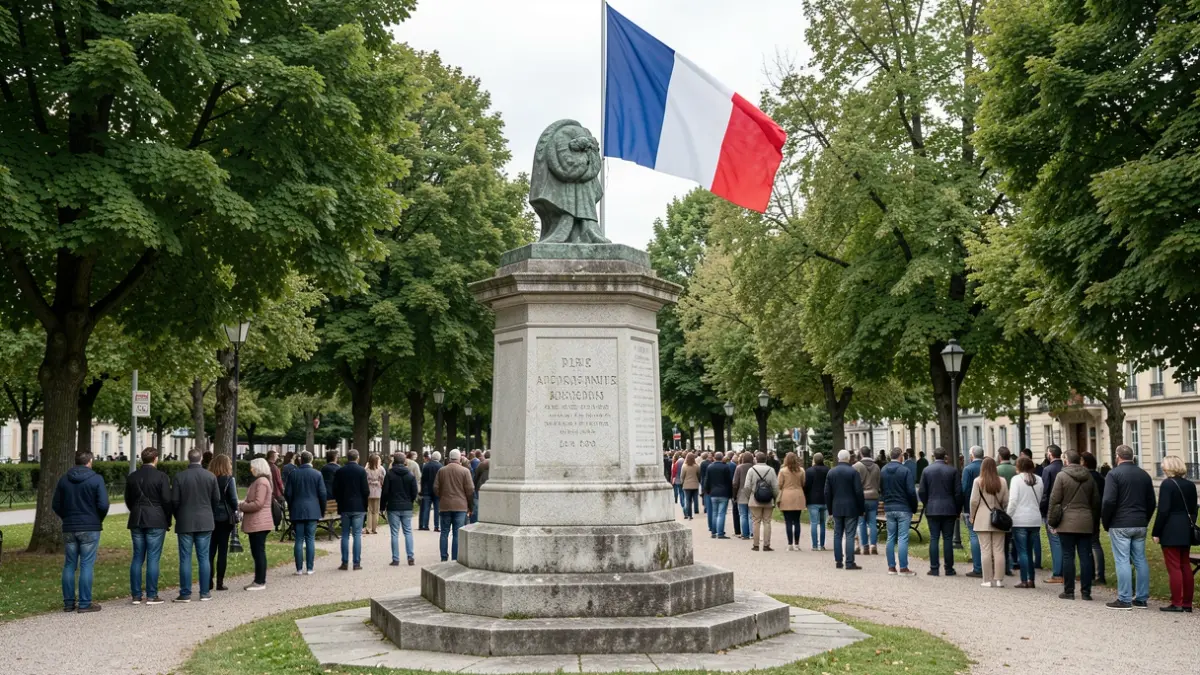 Image générique d'un monument aux morts dans un parc public, avec un drapeau français, lumière du jour douce.