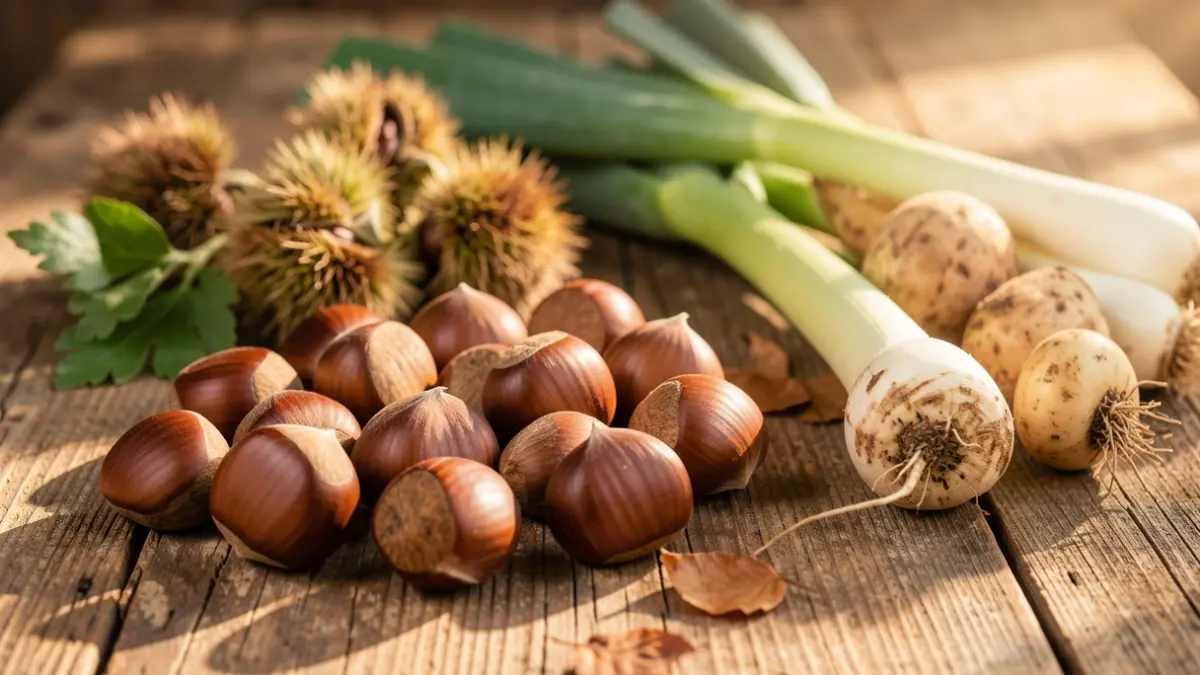 Generic image of chestnuts and autumn vegetables arranged on a wooden table.
