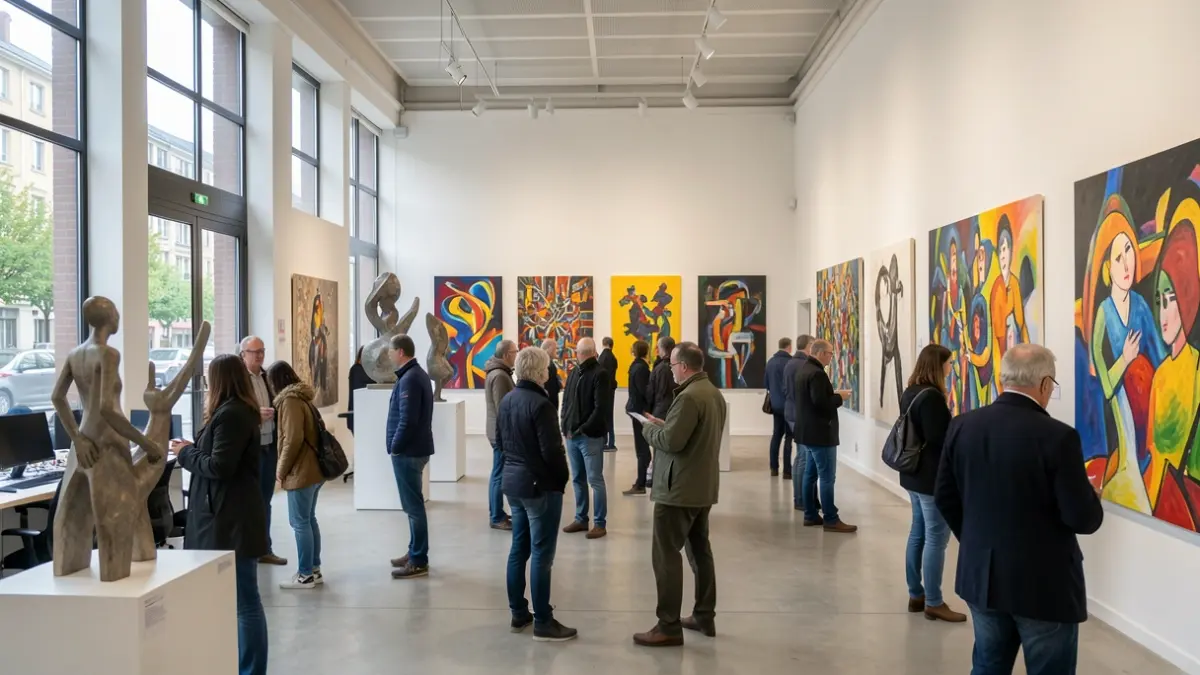 Exposition d'art contemporain à l'ENM de Villeurbanne, avec des œuvres exposées dans les espaces communs.