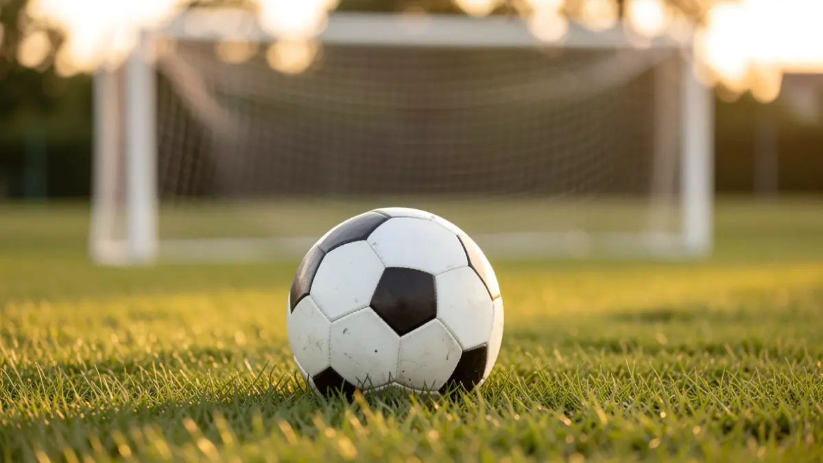 Generic image of a soccer ball on grass with a blurred goal net in the background.