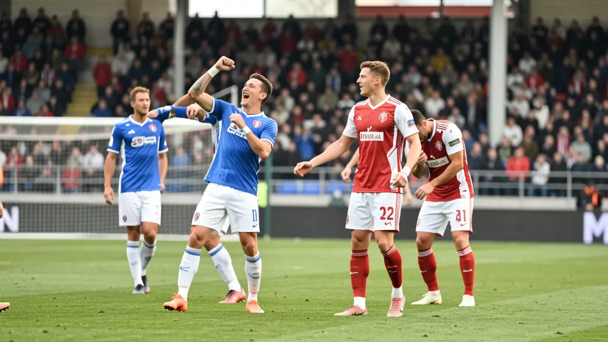 Generic image of two football teams on a green pitch, one celebrating a goal, the other looking dejected.