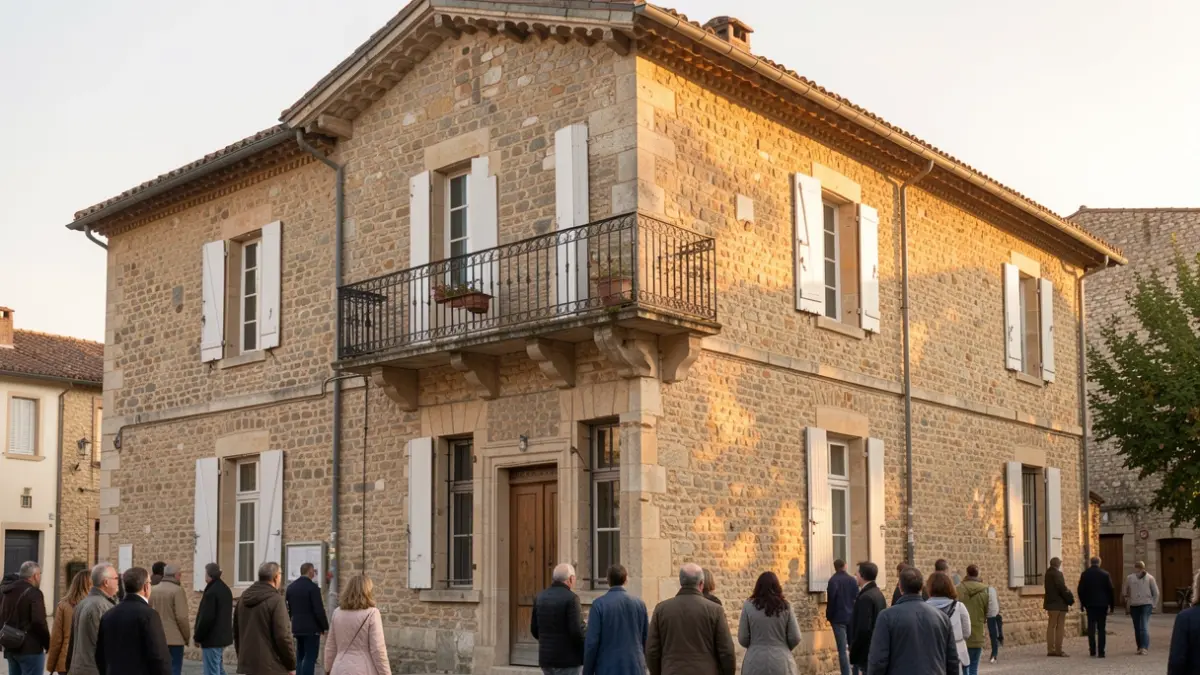 Façade en pierre d'une mairie de village en Ardèche, avec balcon et architecture traditionnelle française, sous le soleil de l'après-midi.