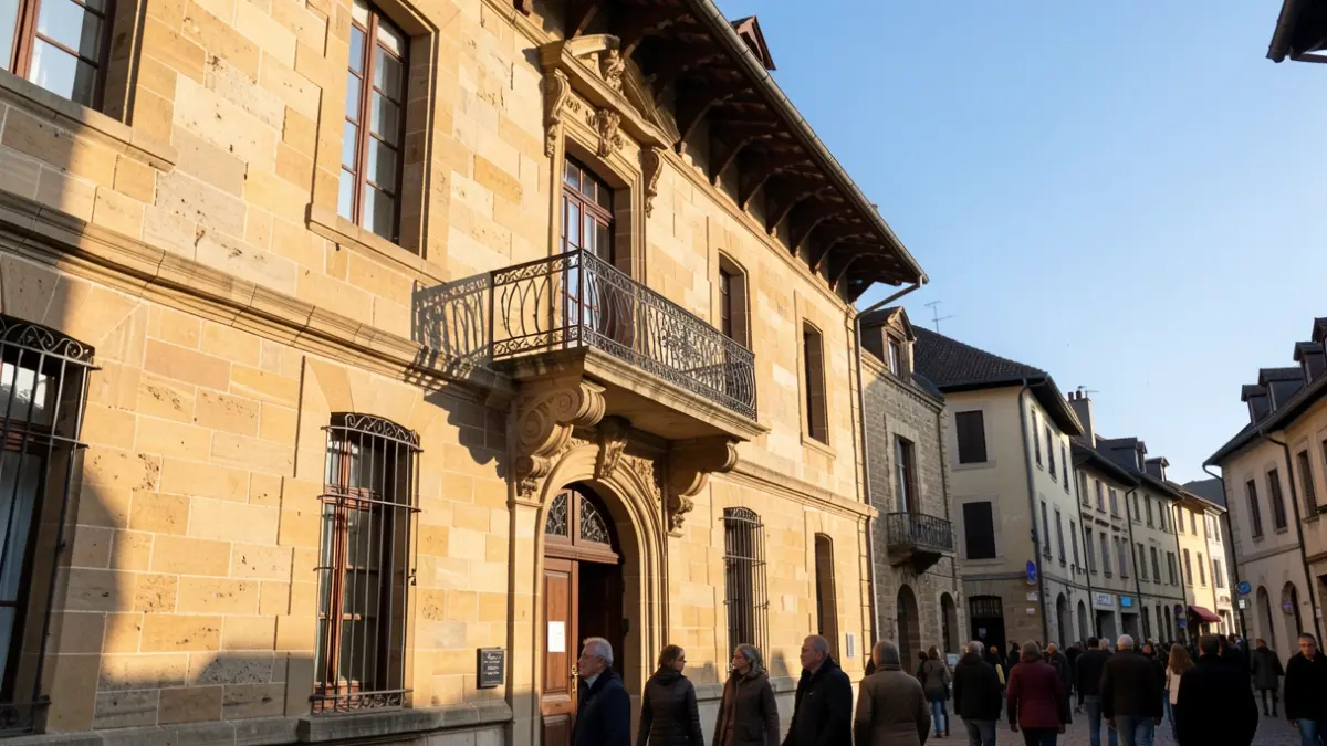 Generic image of a stone town hall facade with an ornate balcony and blue sky.