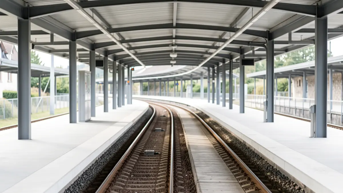 Generic image of an empty train station in the Auvergne-Rhône-Alpes region, with tracks extending into the distance under a canopy, bathed in daylight.
