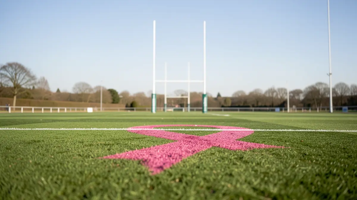 Generic image of a rugby field with goalposts under a clear sky, with a pink ribbon integrated into the grass pattern.