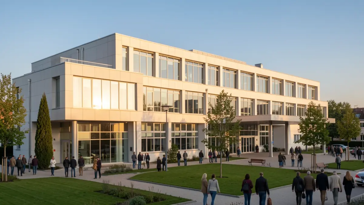 Facade of a modern hospital bathed in late afternoon light.