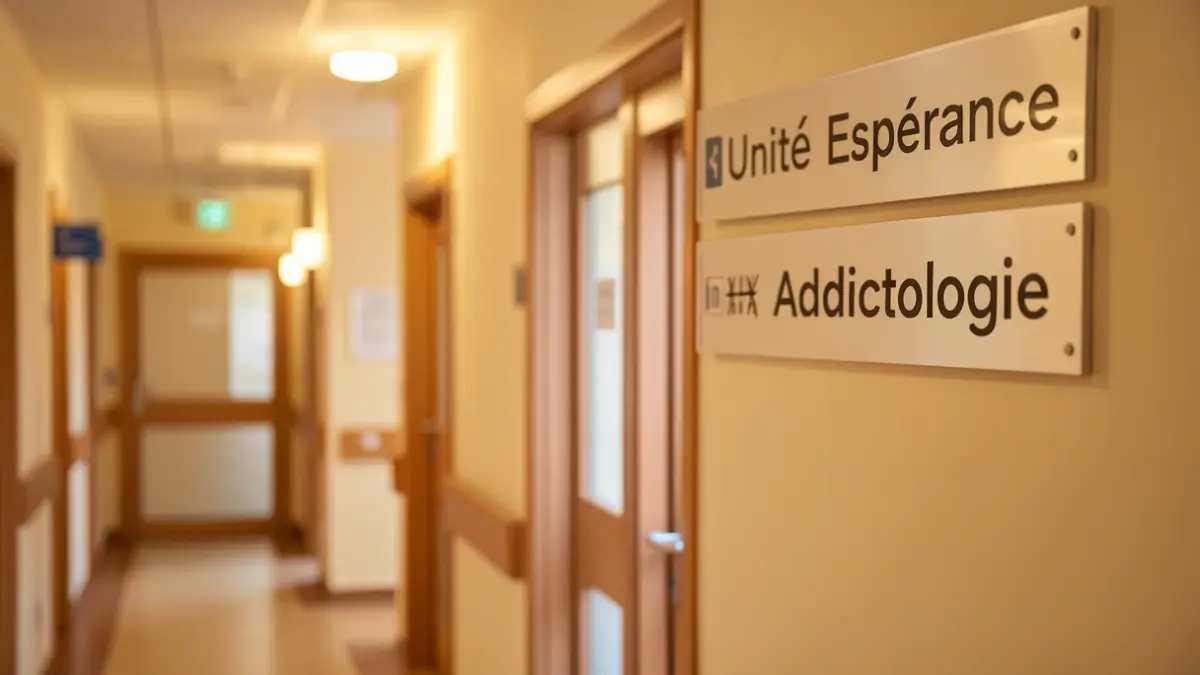Image générique d'un couloir d'hôpital avec des indications pour différentes unités, éclairage intérieur chaleureux, arrière-plan flou.