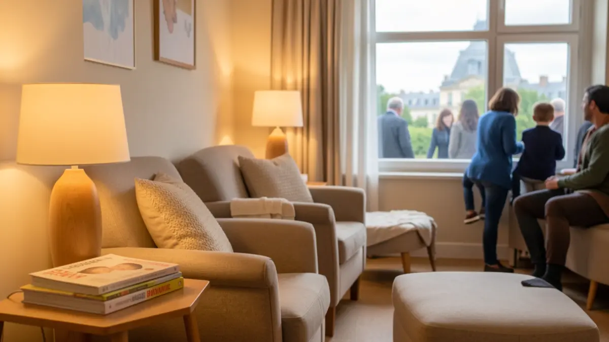 Generic image of a warm reception area in a hospital, focused on parental support.