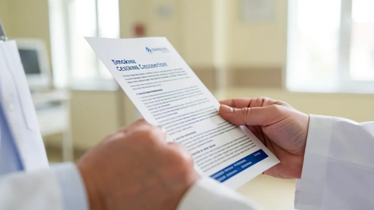 Image générique de mains tenant une brochure sur l'arrêt du tabac, avec un intérieur d'hôpital flou en arrière-plan.