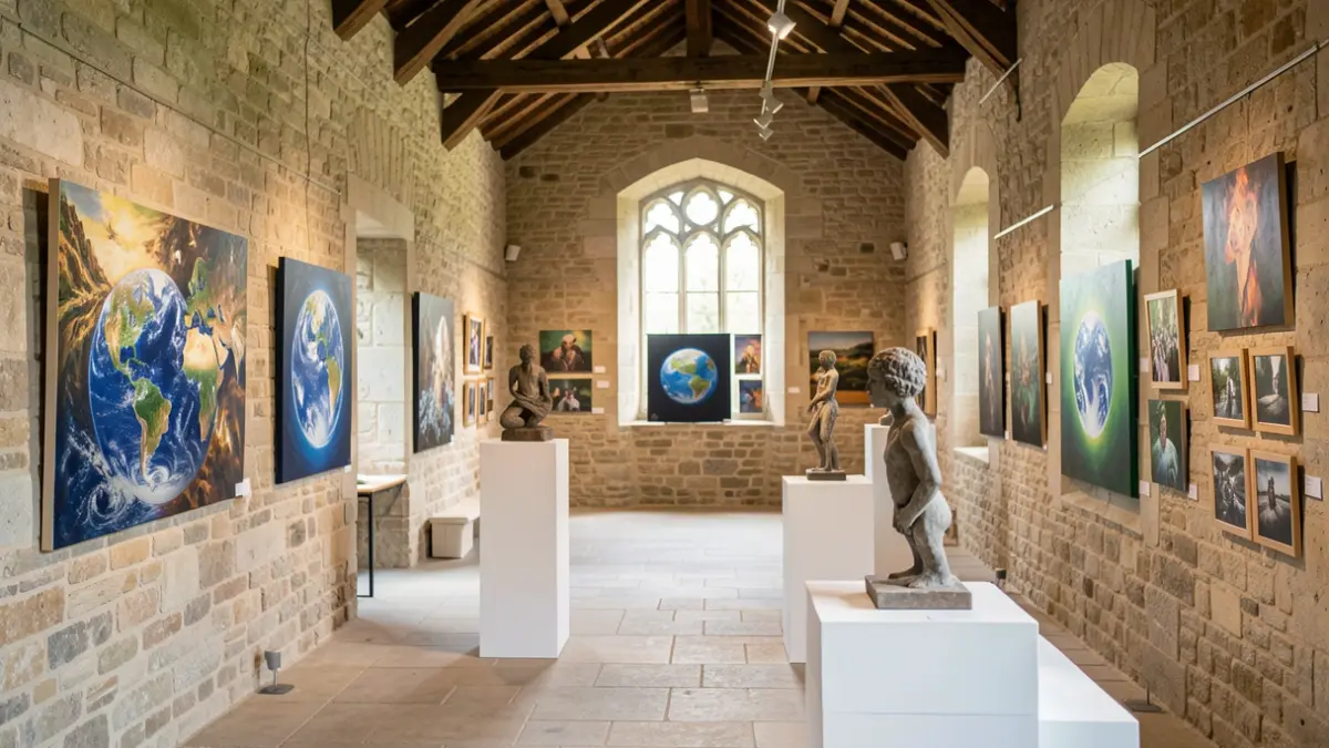Generic image of an art exhibition in a stone hall.