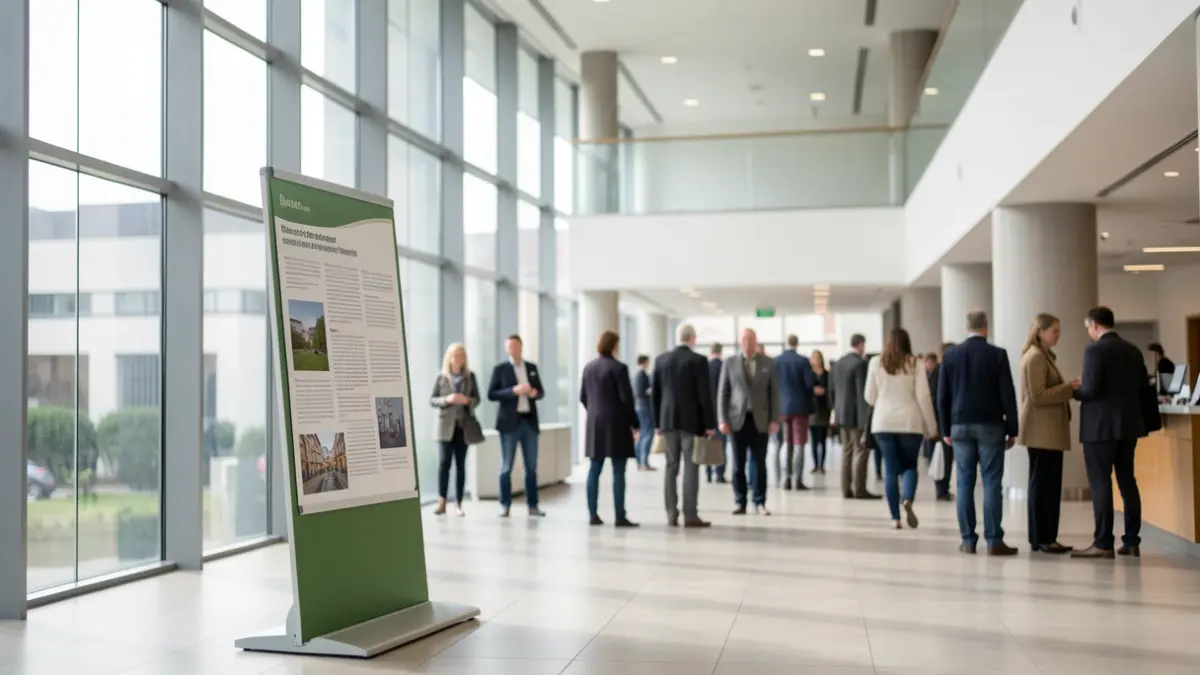 Generic image of a hospital atrium with an information stand, blurred people in the background, soft daylight filtering through large windows, clean and modern interior design.