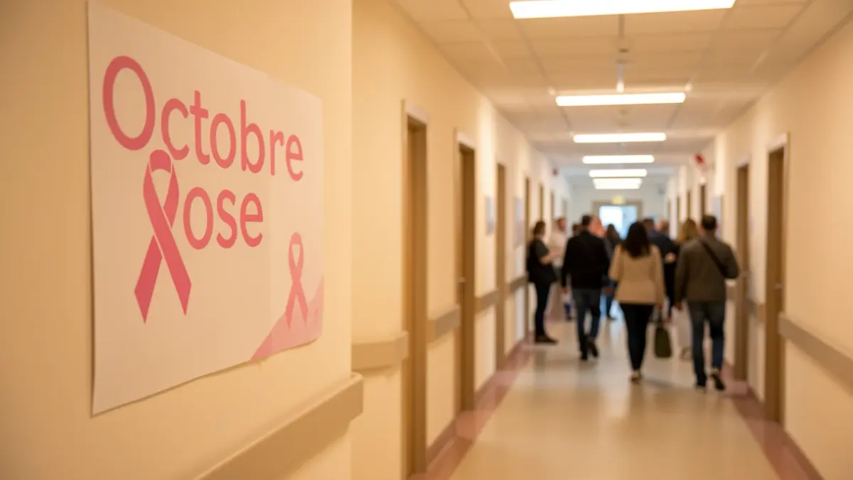Image générique d'un couloir d'hôpital avec une affiche pour Octobre Rose.