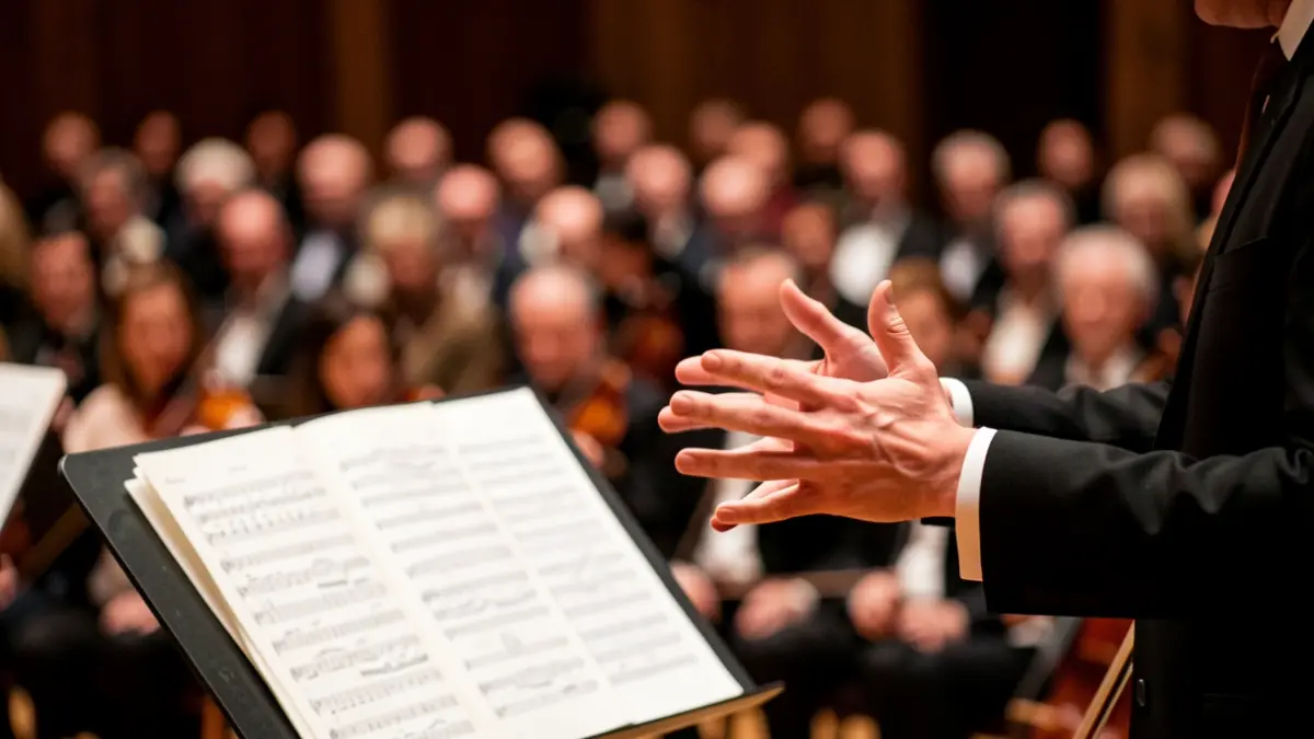 Mains d'un chef d'orchestre dirigeant, avec partitions et musiciens flous en arrière-plan.