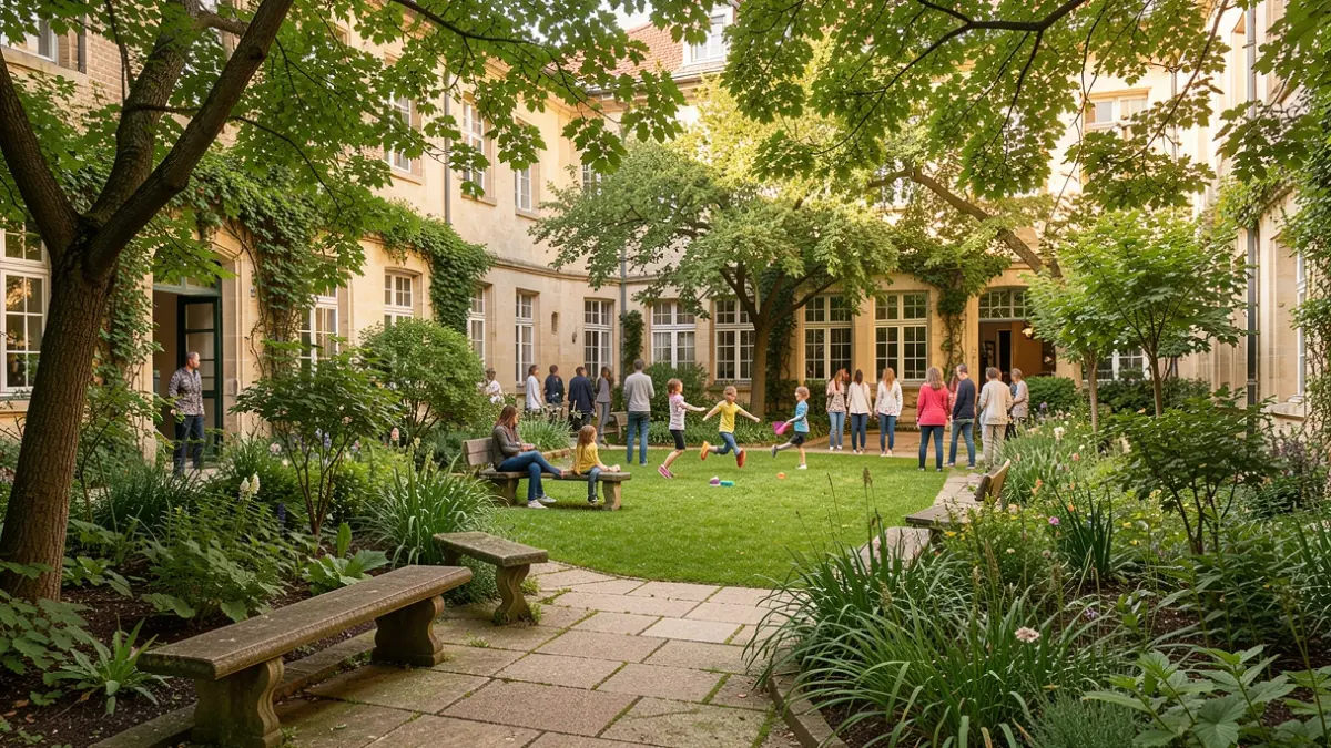 Generic image of a green school courtyard with trees and benches, symbolizing a pleasant living environment and climate resilience.