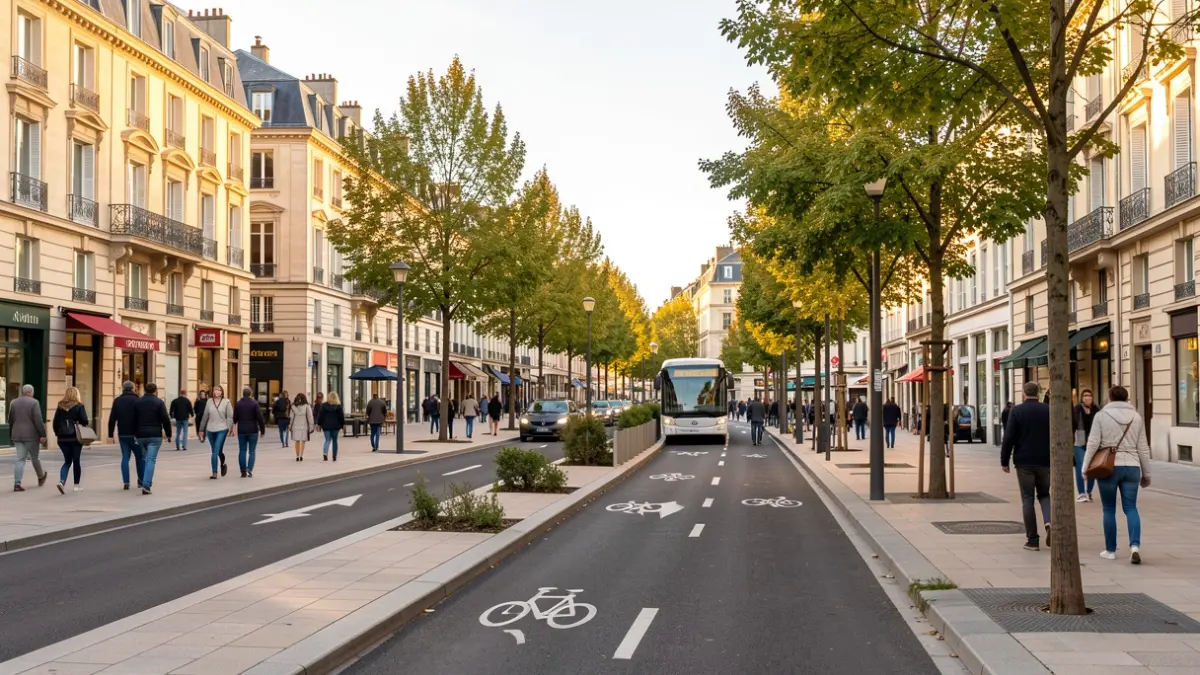Generic image of urban renovation in Cours Brillier, Vienne, France, featuring pedestrian areas, bike lanes, and trees.