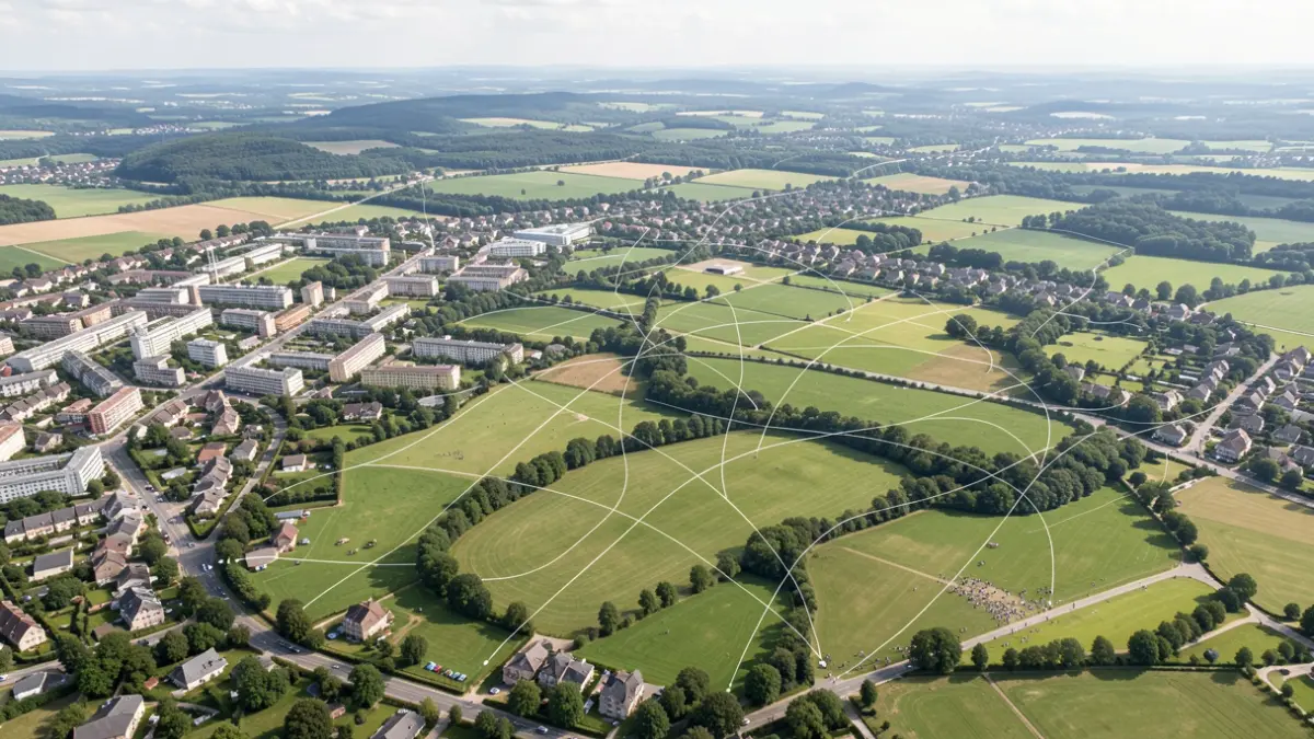Generic image of a French department landscape in Auvergne-Rhône-Alpes, showing urban and green areas, with transportation network lines.