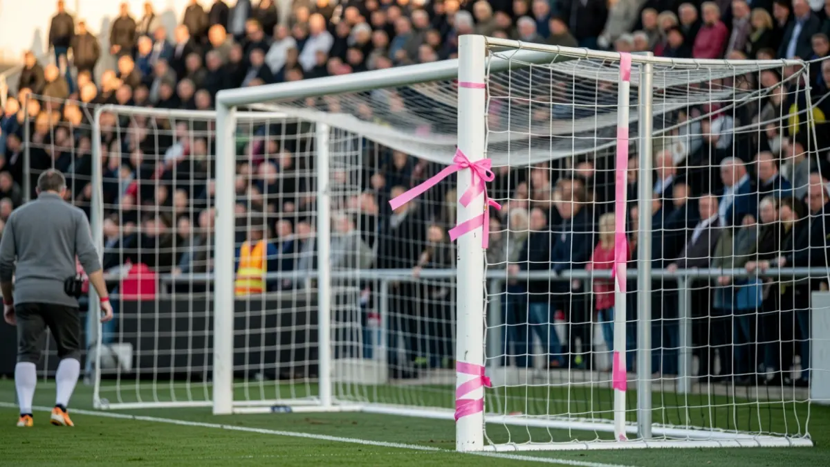 Football pitch with a pink ribbon on the goalpost and a blurred crowd in the stands.