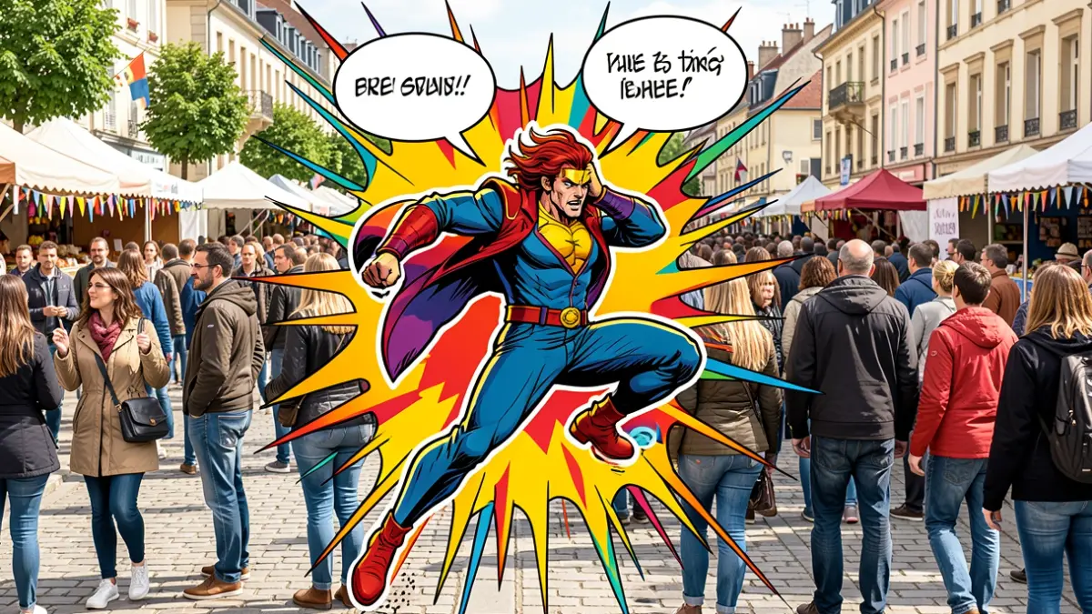 Generic image of a comic book festival with characters and a crowd.