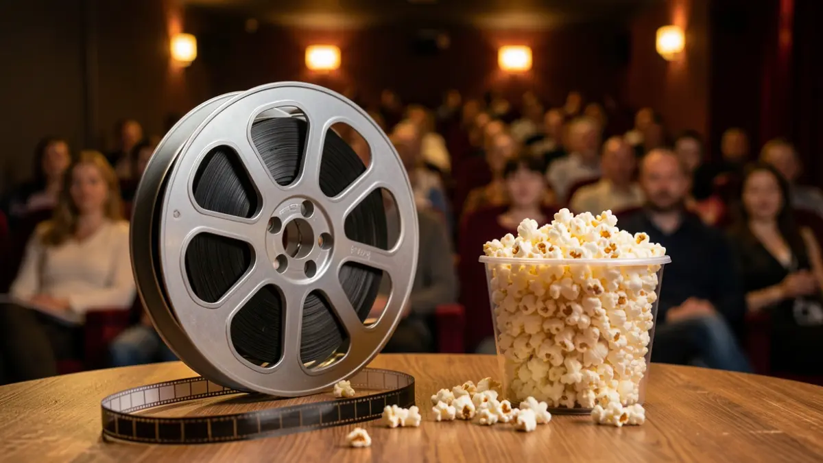 Generic image of a film reel and popcorn on a table, with blurred warm lighting in the background, suggesting a cozy cinema atmosphere.